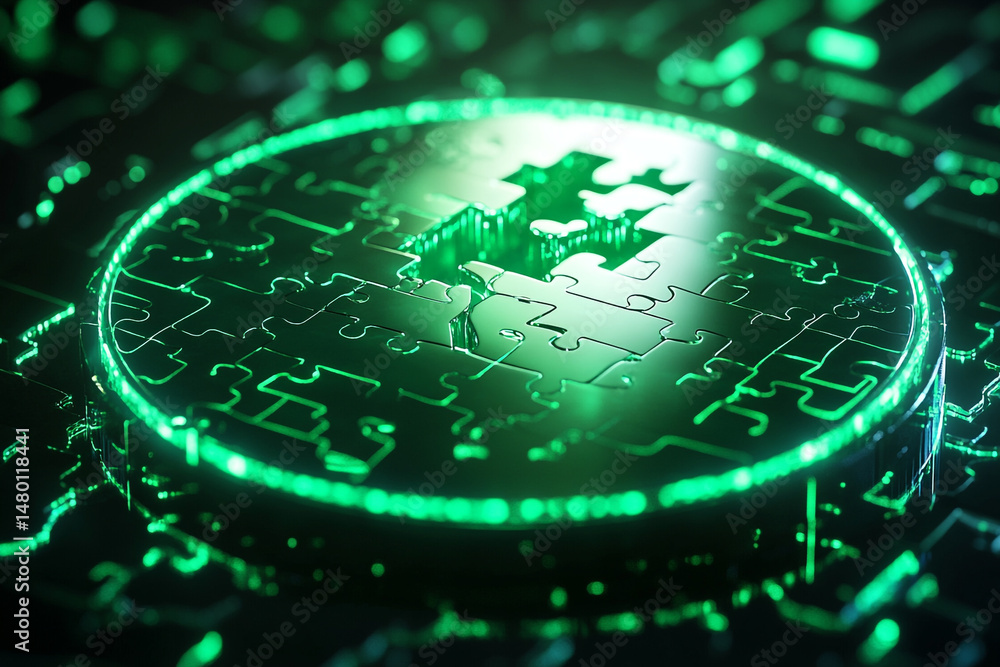 Poster glowing green puzzle pieces form a circular pattern a missing piece is in the center