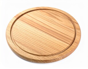 Round, grooved wooden board displaying natural grain patterns on an isolated white background
