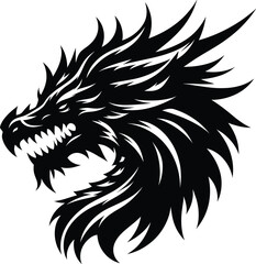 Obraz premium Dragon real head, vector black silhouette on white background in centre
