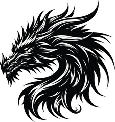 Fototapeta premium Dragon real head, vector black silhouette on white background in centre