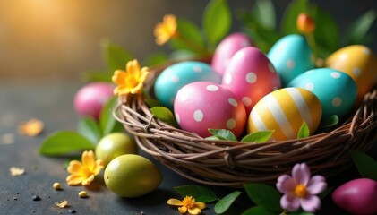 Fototapeta premium Beautifully decorated Easter eggs in a nest, colorful spring decorations , colors, celebration decorations, nature decorations