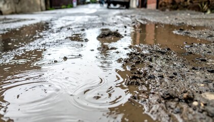 Rainwater Puddle Reflection on Urban Street After Heavy Downpour