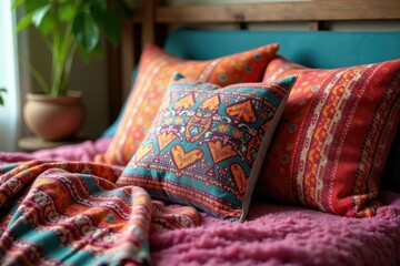 Bohemian style throw pillows, textured blanket, rustic, hippie, pillow