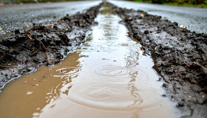 Obraz premium Water Accumulation in Tire Track on Wet Road After Rainfall