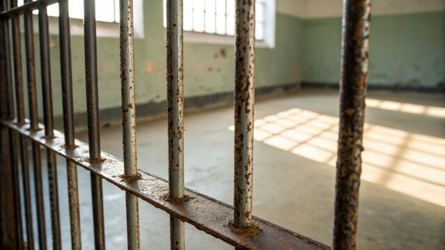Rusty jail cell bars with sunlight casting shadows in an abandoned room