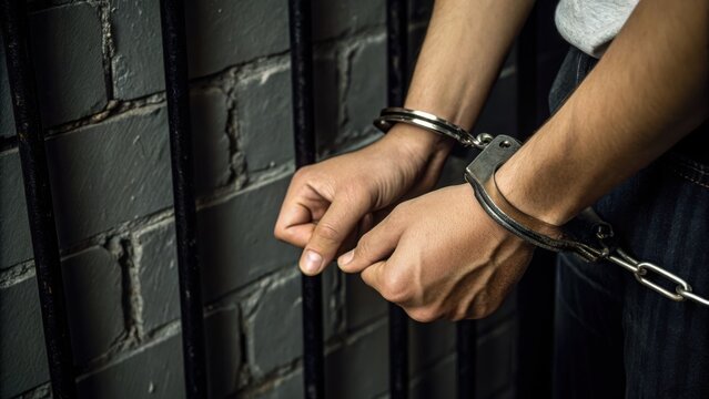 Close-up of hands in metal handcuffs against prison bars indoors