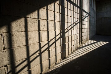 Sunlight casting geometric shadows on concrete block wall in industrial space