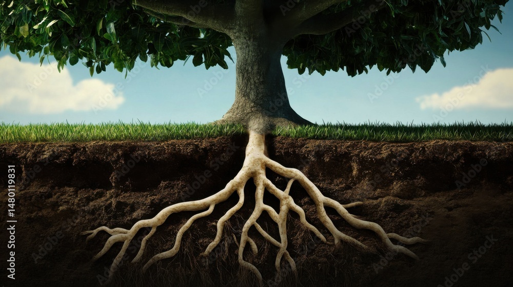 Poster tree with roots growing under ground level perspective illustrating nature and life cycle in soil