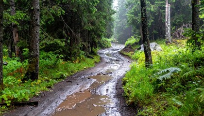 Fototapeta premium Serene Forest Pathway with Muddy Trail Surrounded by Greenery