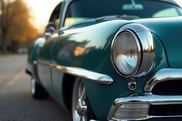 Fototapeta premium Close-up of a classic car's chrome grill and headlight , weathered, car parts, bright