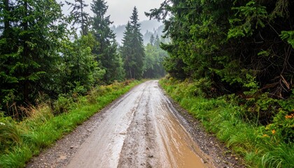 Fototapeta premium Serene Wet Path Through Green Pine Forest on a Misty Day