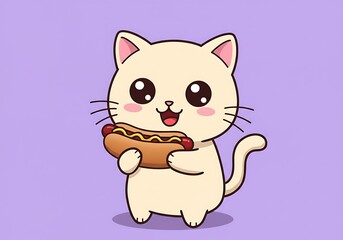 Obraz premium A cheerful cartoon cat lovingly holds a delicious-looking hotdog on a soft pastel backdrop.