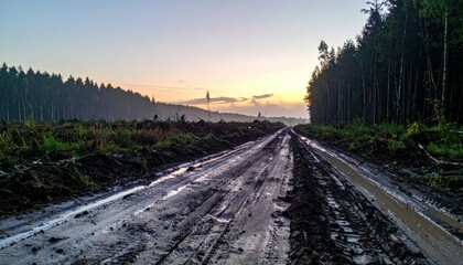 Fototapeta premium Muddy Road Through Forest During Sunrise in Early Morning Light