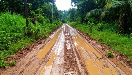 Muddy Road Through Lush Green Jungle Landscape After Rainfall
