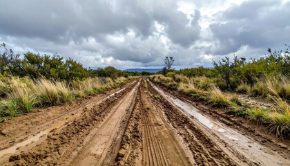 Obraz premium Muddy Trail Through Rural Landscape Under Dramatic Cloudy Sky