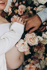 pregnancy, belly, tenderness, flowers, love, expecting a child