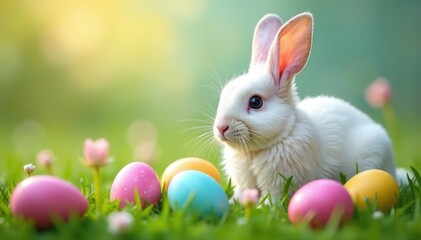 Colorful Easter eggs nestled in a fluffy white rabbit's fur Festive spring backdrop , April, rabbit, pastel
