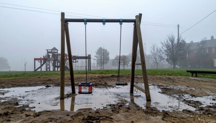 Swings in a Foggy Playground Surrounded by Muddy Puddles