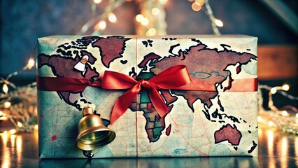 A festive gift wrapped in paper with a world map, adorned with a red ribbon and a golden bell. The gift sits against a backdrop of soft twinkling lights.