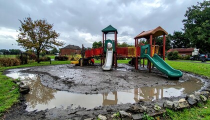 Playground Equipment Surrounded by Water on a Cloudy Day