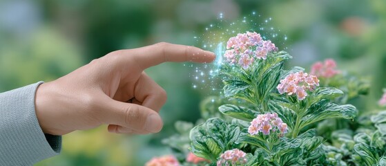 Fototapeta premium Hand touching lush pink flowers nature garden close-up shot bright environment futuristic interaction concept