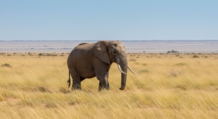 Obraz premium Elephant in Tall Grass, Open Field, Blue Sky