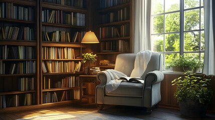 Inviting reading corner with a comfortable armchair and extensive bookshelves
