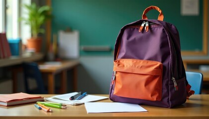 Empty backpack on school desk, books scattered, tone, view