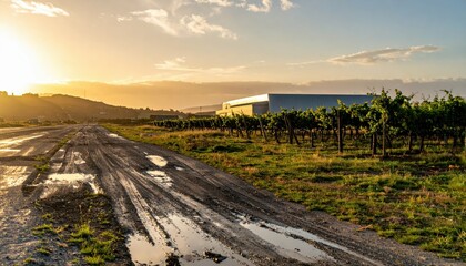 Serene Sunset Over Vineyard and Dirt Road with Reflections