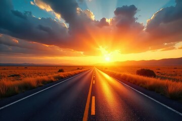 Golden sunrise paints a vibrant road stretching towards the horizon, illuminating the landscape , landscape, light
