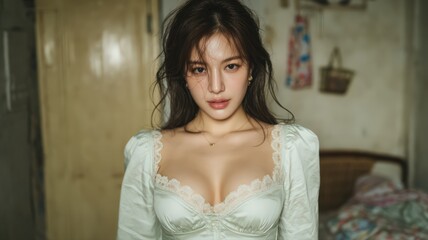 Naklejka premium Young woman posing thoughtfully in a softly lit cozy room with an intimate atmosphere