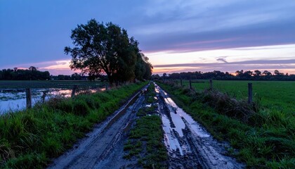 Fototapeta premium Muddy Pathway Through Scenic Landscape at Dusk with Reflections