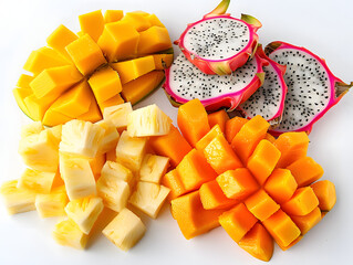 Diced mango, pineapple, and dragon fruit on white background