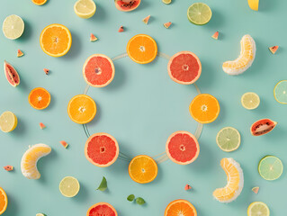 Citrus fruit slices and wedges scattered on mint green background