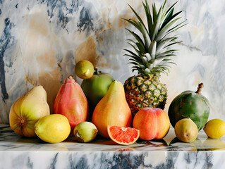 Assorted tropical fruits on marble surface with pineapple