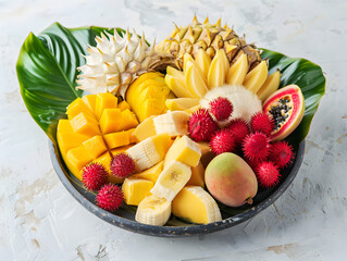 Tropical fruit bowl with mango, pineapple, banana, and rambutan