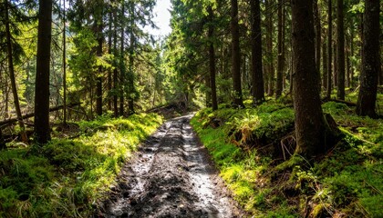 Obraz premium Serene Forest Pathway Surrounded by Tall Trees and Lush Greenery