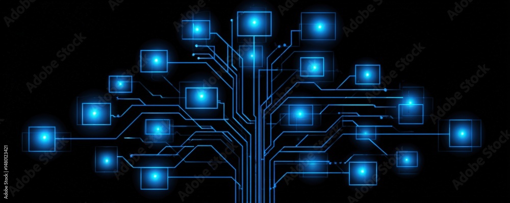 Poster a glowing digital tree with circuit-like branches and illuminated blue nodes on a black background.