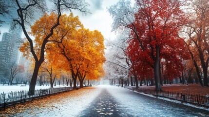 Autumn meets winter in a park. Colorful trees with bright yellow and red leaves contrast with snow-covered branches on a pathway