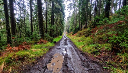 Naklejka premium Muddy Trail Through Lush Green Forest Surrounded by Tall Trees