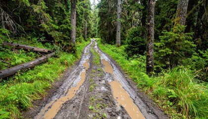 Obraz premium Muddy Trail Through Dense Forest Landscape in Natural Setting