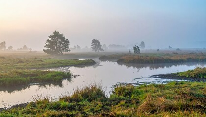 Fototapeta premium Serene Misty Landscape with Water Reflection and Trees at Dawn