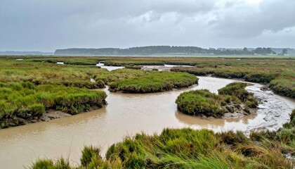 Obraz premium Serene Marshland Landscape with Curving Waterways Under Gray Sky
