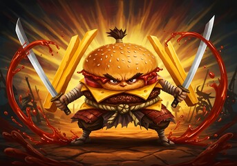 A cartoon burger samurai stands ready for battle, brandishing french fry swords with intense eyes.
