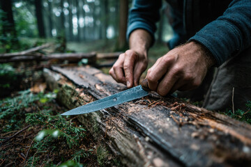 Man cutting tree with knife.
