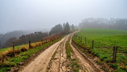 Fototapeta premium Serene Dirt Path Through Misty Landscape in Autumn Season