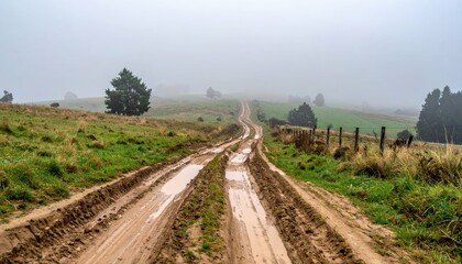 Fototapeta premium Muddy Dirt Road in Foggy Landscape with Green Fields Surrounding