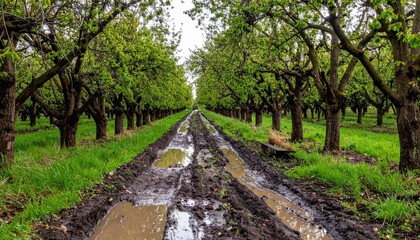 Fototapeta premium Muddy Path Through Lush Green Orchard Under Cloudy Sky