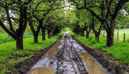Fototapeta premium Muddy Pathway Through Orchard Surrounded by Green Trees and Foliage