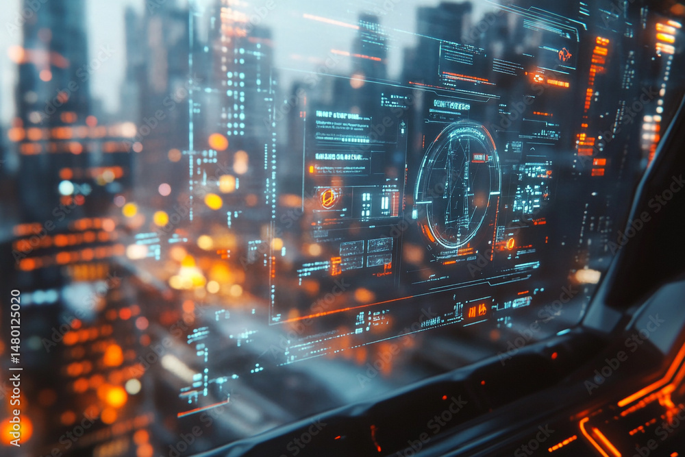 Poster futuristic city view through a digital heads up display showing data streams and information